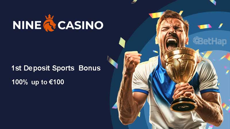 Nine casino free spins offer displayed on a vibrant background with casino-themed graphics and promotional text.